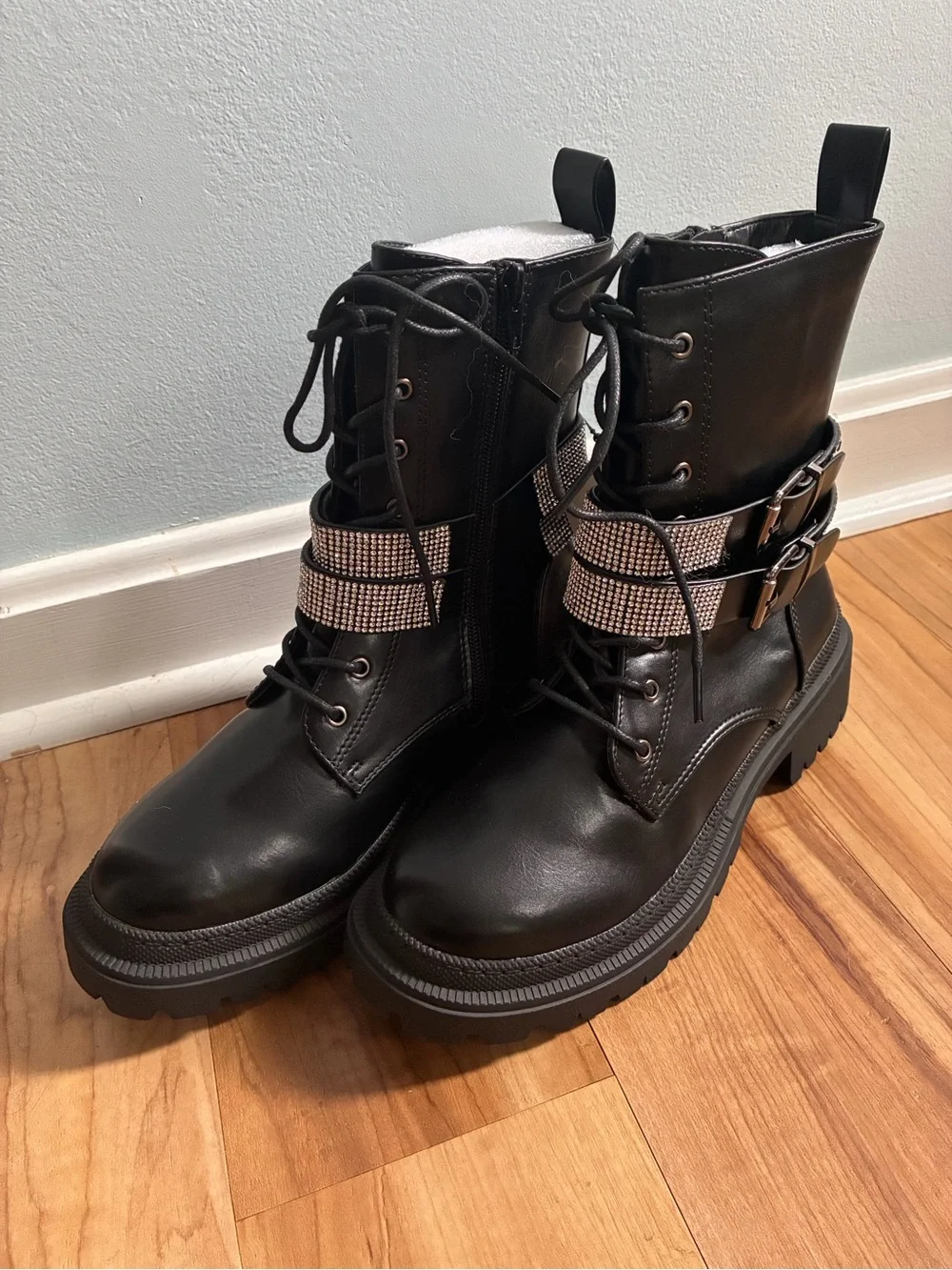 Forever 21 Black Rhinestone Strap Combat Booties